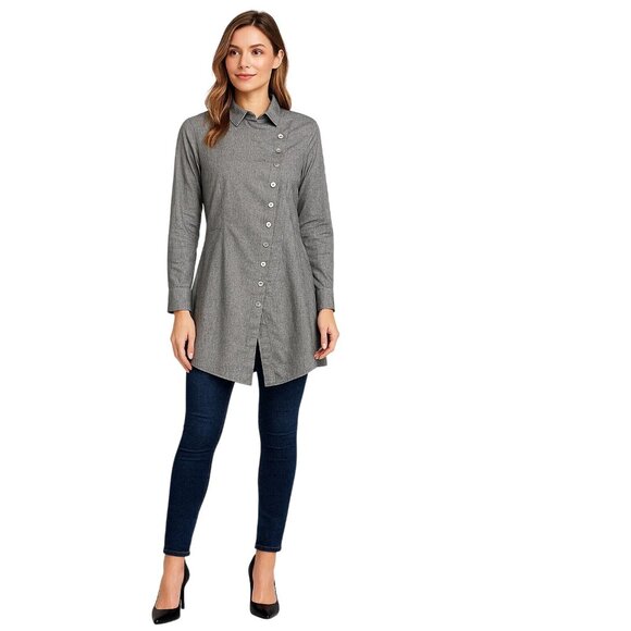 Comfy USA Women's Gray Asymmetrical Button-Down Longline Shirt M - Picture 1 of 14